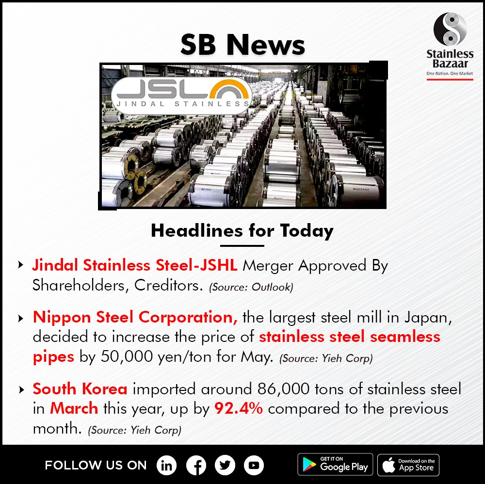 StainlessBazaar's tweet photo. SB News by Stainless Bazaar

1. Jindal Stainless Steel-JSHL Merger Approved By Shareholders, Creditors. (Source: Outlook)

Read more: https://t.co/nRIDe7WD7f

#SBNews #StainlessBazaar #MSMEs #JSL #JSHL #Nippon #SouthKorea #StainlessSteel https://t.co/QJaHRujb7I