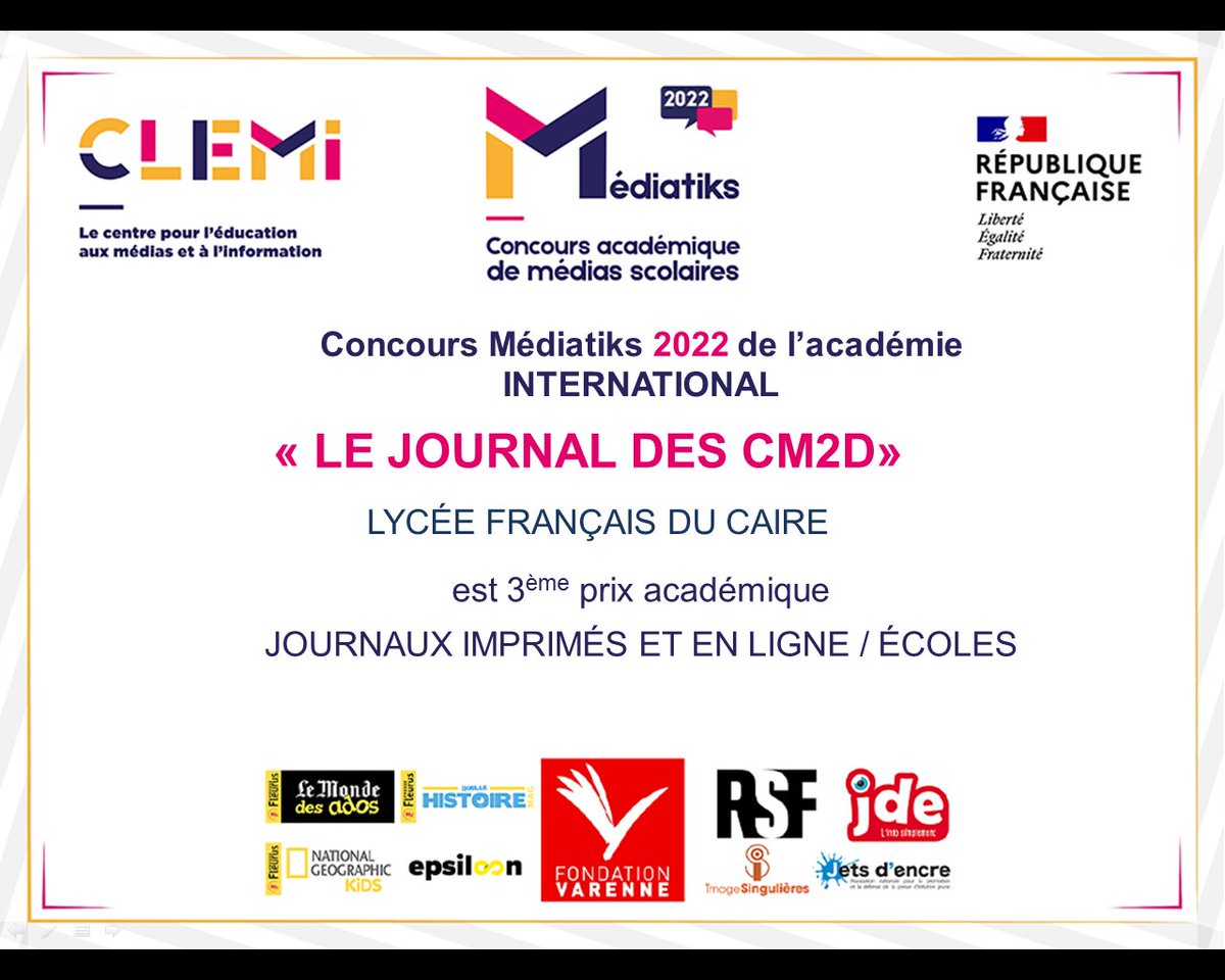 Félicitations à la classe de CM2D du <a href="/LF_Caire/">Lycée Français du Caire</a> qui ont reçu le 3ème prix au concours Mediatiks pour "le Journal des CM2D" <a href="/LeCLEMI/">CLEMI</a> <a href="/NGKids/">NatGeoKIDS</a> <a href="/lemonde/">LeMonde</a> <a href="/LeMondeEduc/">Le Monde Education</a> <a href="/NatGeo/">National Geographic</a>