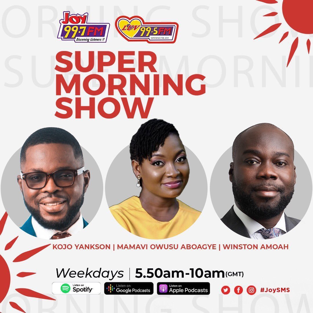 We are back! Wake up to the best morning show in the city. 

Good morning and welcome to the Super Morning Show with <a href="/THEKojoYankson/">Kojo Yankson</a>, <a href="/winston_amoah/">Winston Amoah</a>, and <a href="/MamaviAboagye/">Mamavi Owusu-Aboagye</a>.

We do this with you. Tweet at us with the hashtag #JoySMS.
