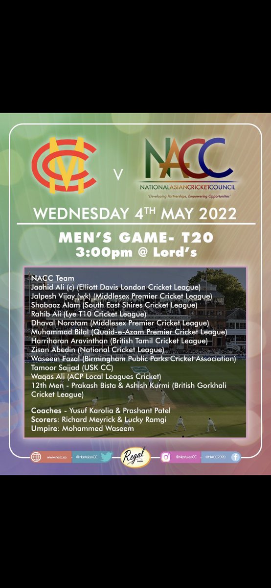 Looking forward to what will be an historical day for the National Asian Cricket Council - Women’s &amp; Men’s teams playing <a href="/HomeOfCricket/">Lord's Cricket Ground</a> - Spectators welcome - lords.org
