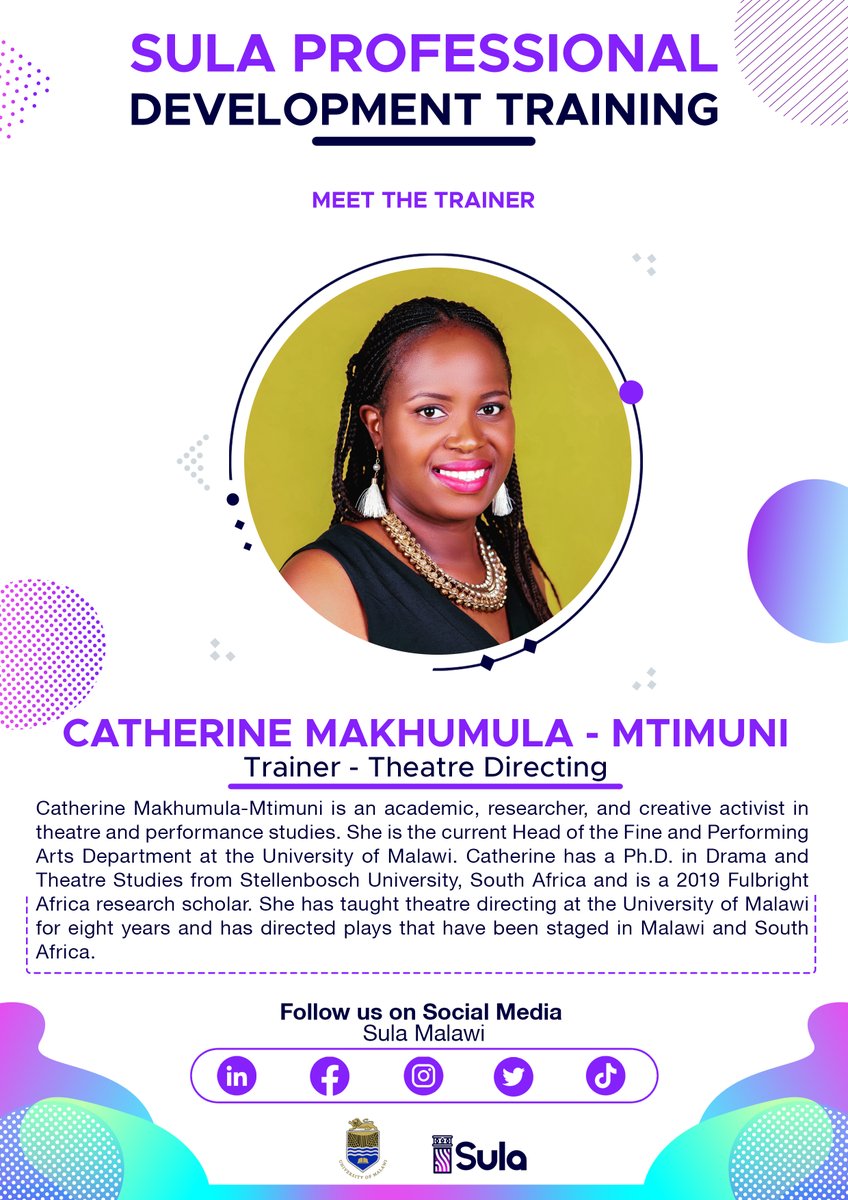 sula_malawi's tweet photo. Meet Catherine Makhumula, one of the trainers for @sula_malawi professional development training for #artists happening next week. #Sula #Sulatraining #UnimaFPA https://t.co/Pp44BEcr4H