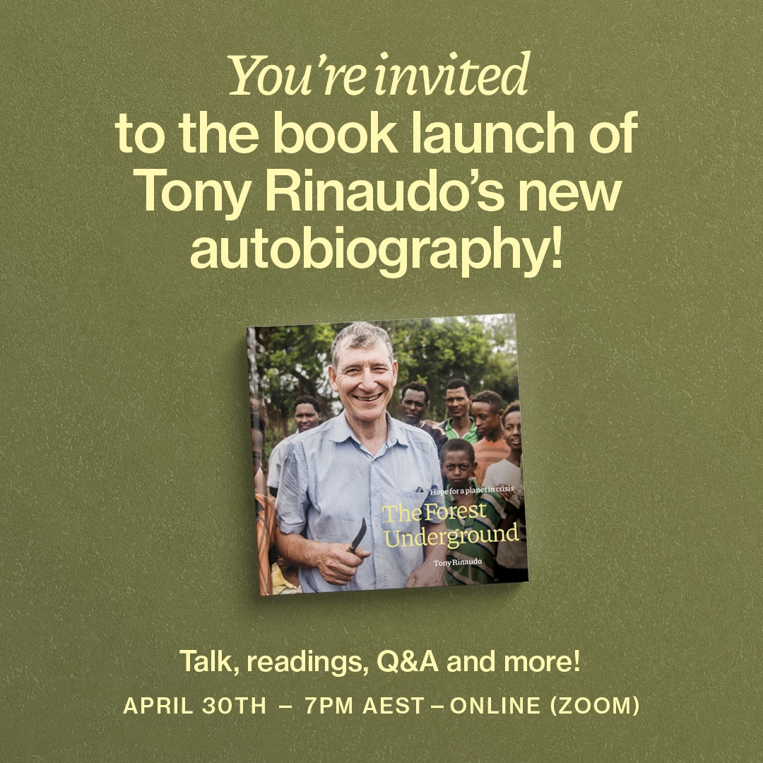 ISCAST_Oz's tweet photo. "The Forest Underground: Hope for a Planet in Crisis" by Tony Rinaudo launches this Saturday (30 April)! Come along to the FREE online book launch at 7:00p.m. AEST on Zoom. Register now ➡️  https://t.co/yk8ZW3bH9z https://t.co/z8D62W8mYm