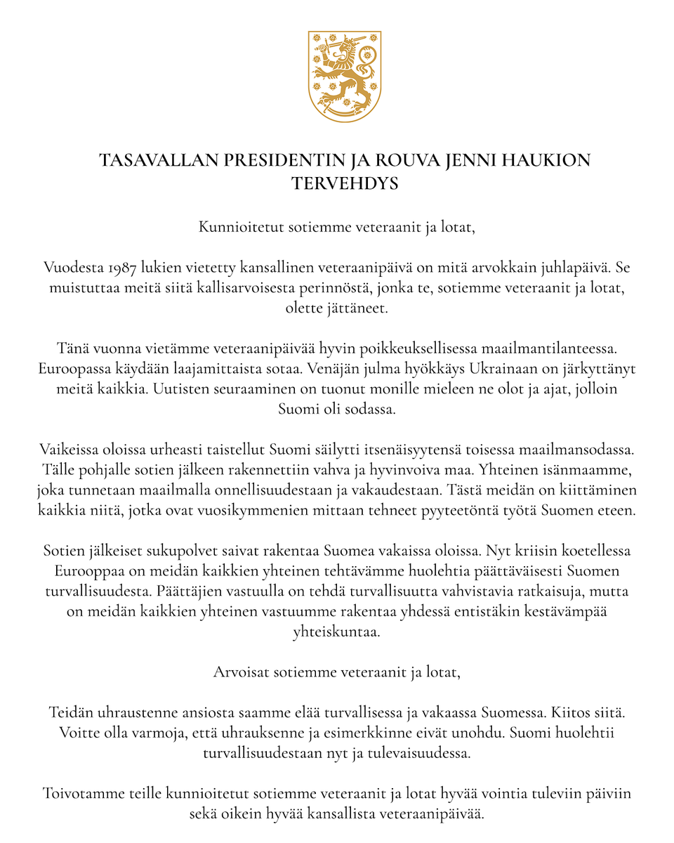 Veteraanien uhraukset eivät unohdu. Hyvää kansallista veteraanipäivää.
presidentti.fi/uutinen/tasava…