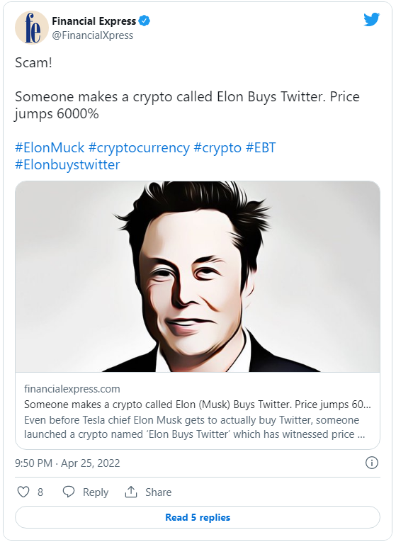 BitCheckerLTD's tweet photo. #Cryptoscam #Cryptofraud 
'Elon Buys Twitter' Crypto Token, Whopping 105500% Jump
Never fall for tokens to-good-to-be-true!
#ElonMuskBuyTwitter #ElonMuskBuysTwitter #EBT @elonmusk 
https://t.co/ozhhVHRflr https://t.co/JtoBYCbgRT