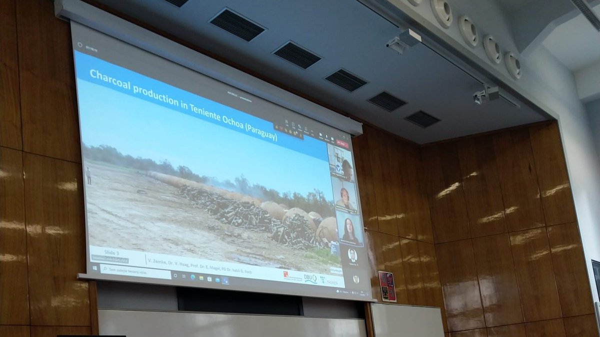ASFORCLIC_H2020's tweet photo. Thanks to the technology, #ASFORCLIC brings Valentina Zemke @Thuenen_aktuell to the @MENDELUcz lecture room.Valentina speaks about #charcoal identification & using 3D-RLT - reflected light #microscopy #techniques. 3D-RLT allows for identifying #wood used for charcoal production. https://t.co/nnoG7Iyk2E