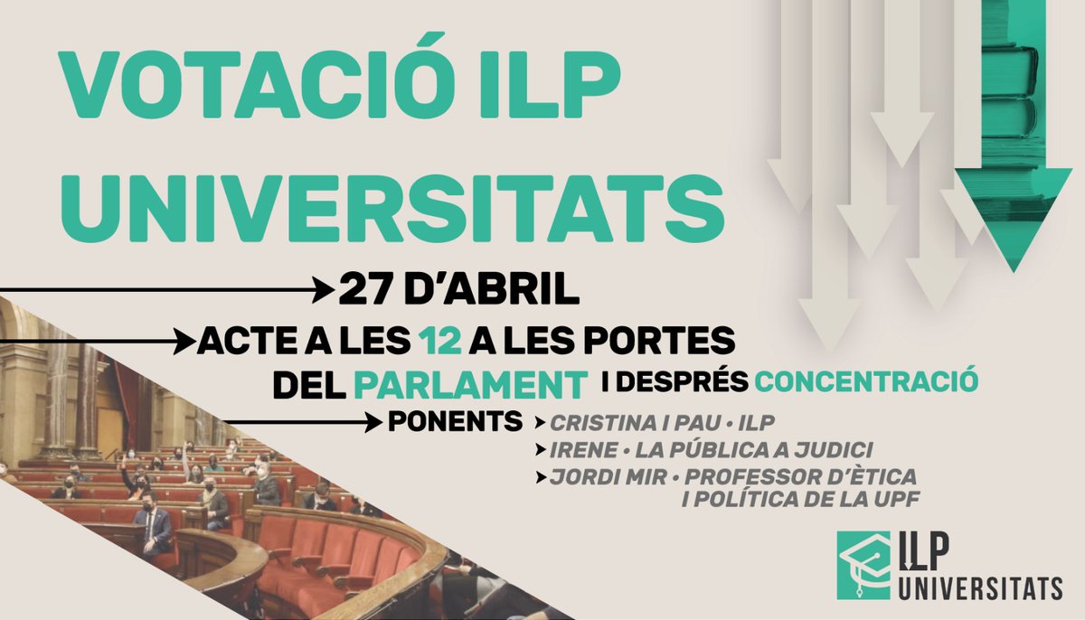 ☀️ #BonDia, avui ens trobem a les 12:00 del matí a l'acte i concentració per la votació de la <a href="/ILPuniversitats/">ILPUniversitats</a>.

📍 Portes del Parlament de Catalunya. 

❤️‍🔥✊🏽 3 anys després, aprovem la <a href="/ILPuniversitats/">ILPUniversitats</a>. Recuperem la universitat, obrim les portes al futur!