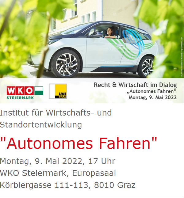 rewiunigraz's tweet photo. 🚗 Nicht verpassen: Veranstaltung "Autonomes Fahren" der @wkstmk und der #rewiunigraz am 9. Mai ab 17:00 Uhr mit Vorträgen von Patrick Morris Luley (@JOAN_RESEARCH), Gerhard Greiner (#AlpLab) und Matthias Wendland (@UniGraz).
Mehr Infos und Anmeldung ➡️ https://t.co/Kc2AjNgCwn https://t.co/VufnLzVFBT