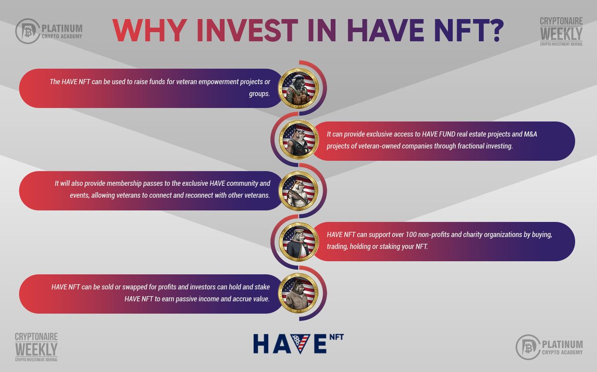 PlatinumCrypto's tweet photo. WHY INVEST IN HAVE NFT?
#HAVENFT #NFT #blockchain #cryptocurrency #MarineDog #NavyGoat #ArmyMule #AirForceFalcon #CryptonaireWeekly #platinumcryptoacademy @HAVE_NFT
https://t.co/PWybJk7hO8 https://t.co/3TPHrryeMV