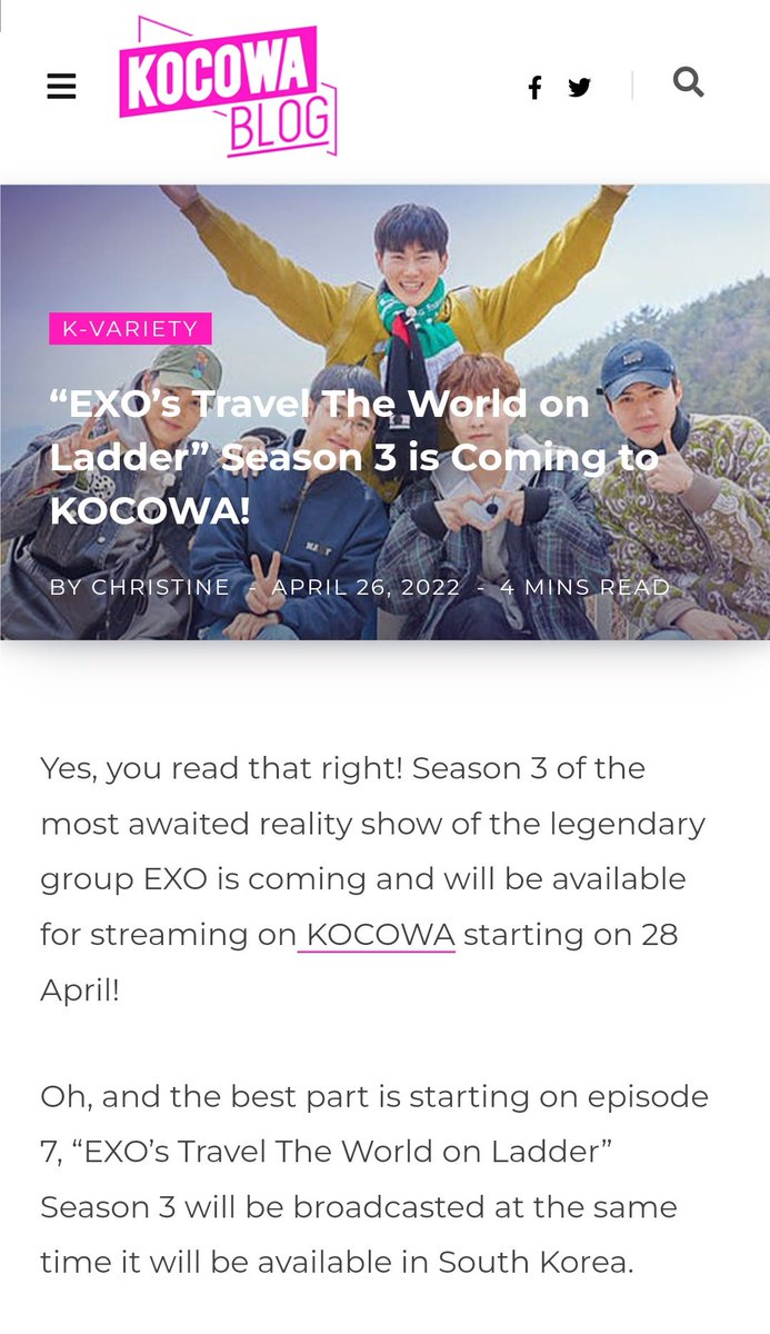 EXOGlobal's tweet photo. INFO ℹ️ | 220427 Travel The World On EXO's Ladder Season 3 will be available for streaming for selected international regions on Kocowa starting April 28

🔗 https://t.co/WBhXju0hZS

#EXO #엑소 @weareoneEXO https://t.co/n2NSFvVj4f