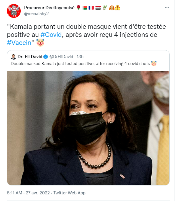 menalahy2's tweet photo. Le #Vaccin est tellement #Sûr et tellement #Efficace que @VP @KamalaHarris porte un double-masque et vient d'être testée positive au #Covid même si elle a reçu ses #4Doses.
#TousVaccinés, #TousProtégés vraiment ? 🤡🤡🤡 https://t.co/EtMgMX35ic
