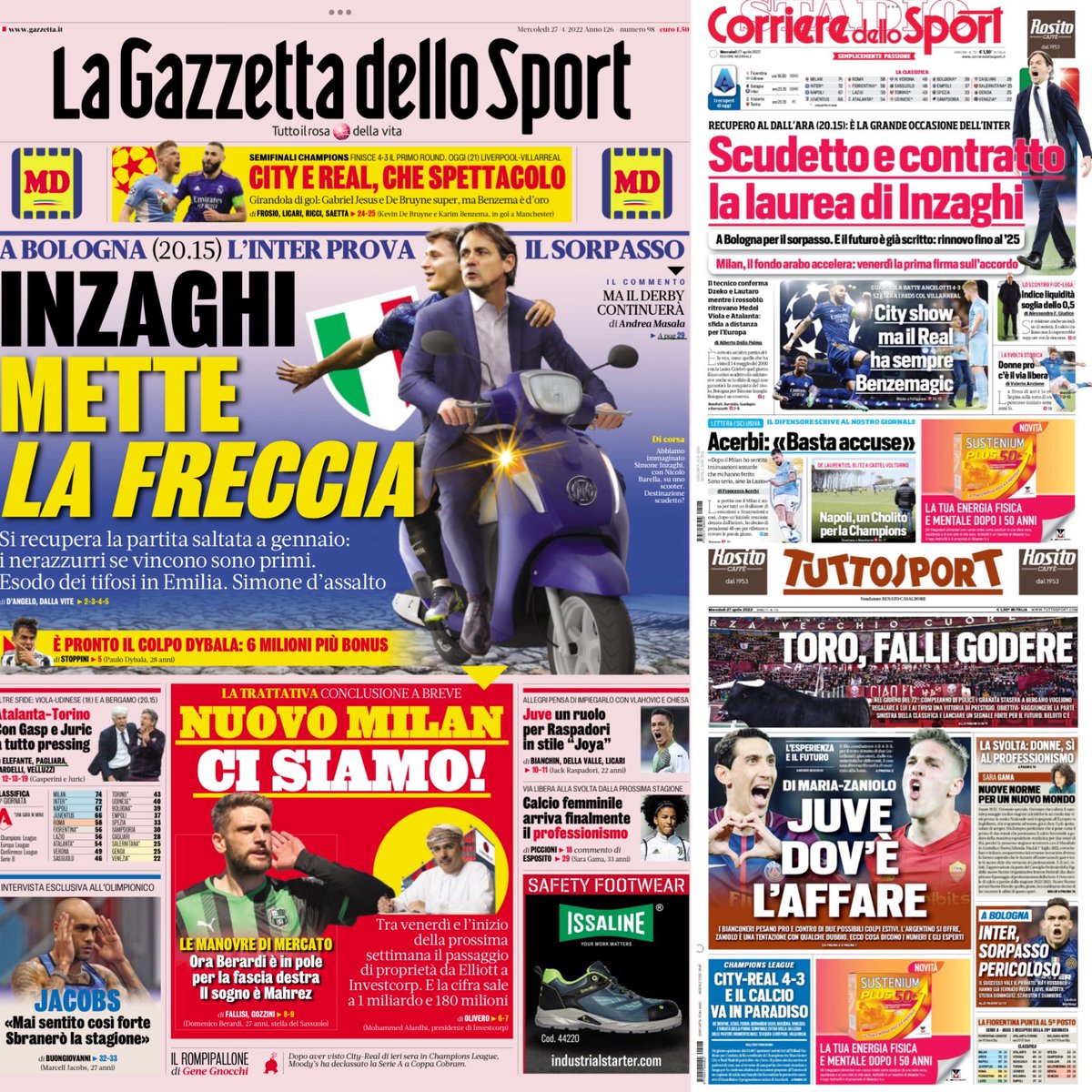 PhilippeGenin's tweet photo. 🔴Gazzetta🔴Corriere🔴Tuttosport
➡️Inzaghi objectif 1ere place à Bologne
➡️Nouveau Milan nous y sommes:signature vendredi
➡️Milan:Berardi et Mahrez dans le viseur
➡️Juve:Raspadori comme Dybala
➡️Inzaghi:prolongation 2025
➡️City-Real le show
➡️Juve:Di Maria-Zaniolo
@beinsports_FR https://t.co/Xt0ISipvu0