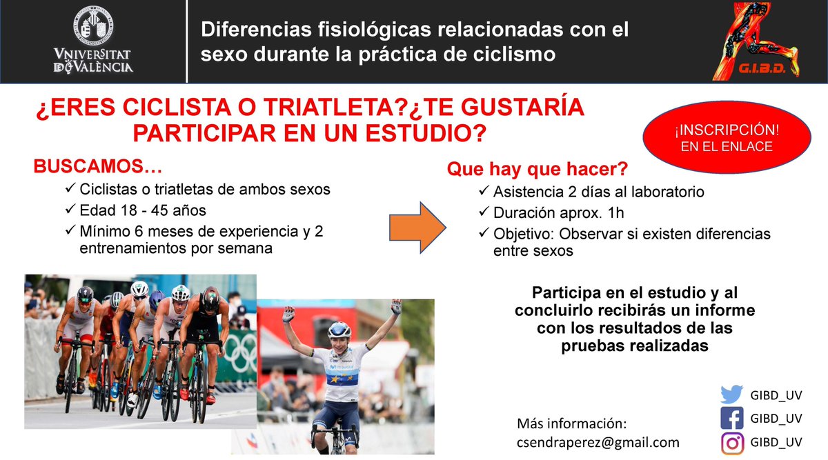 GIBD_UV (@gibd_uv) on Twitter photo 🔎NUEVO PROYECTO🔍
📍Laboratorio de Blasco Ibáñez <a href="/UV_EG/">Universitat València</a>
¿Eres ciclista o triatleta? 🚴🏃🏊
Buscamos a gente como tú 👈👀
Si estás interesado/a, inscríbete en el siguiente enlace y nos pondremos en contacto contigo‼️😉👍
forms.gle/k6MsyAnHJgJ36Y… 🔎NUEVO PROYECTO🔍
📍Laboratorio de Blasco Ibáñez <a href="/UV_EG/">Universitat València</a>
¿Eres ciclista o triatleta? 🚴🏃🏊
Buscamos a gente como tú 👈👀
Si estás interesado/a, inscríbete en el siguiente enlace y nos pondremos en contacto contigo‼️😉👍
forms.gle/k6MsyAnHJgJ36Y…