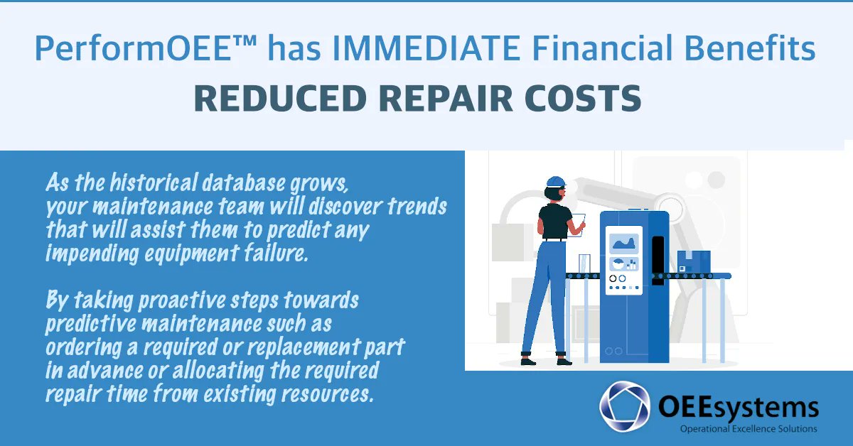 OEEsystems's tweet photo. 🛠  Reduced Repair Costs 💰
As PerformOEE's historical database grows, maintenance can use the Software to discern trends predicting impending failures &amp; take proactive steps towards predictive maintenance.
Visit: https://t.co/eouCyQqgOO
#oeesoftware
#oee https://t.co/5Jq02OQrLp