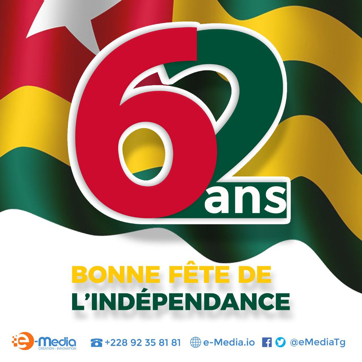 eMediaTg's tweet photo. Bonne fête d’indépendance à toute la nation Togolaise

#27Avril
#IndépendanceDuTogo
#eMediaTg https://t.co/vonLCv9SHi