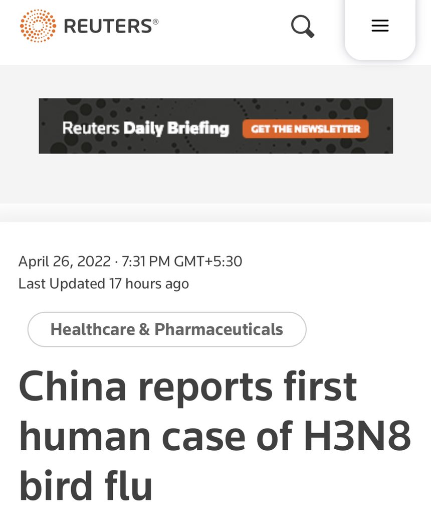 Extremely worrisome that China has just detected the first ever human case of H3N8 bird flu, otherwise found only in horses, dogs, birds & seals.

Farmed birds create an ideal environment for avian viruses to mix & mutate. Last year China reported the first human case of H10N3.