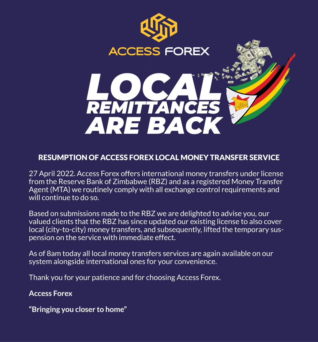 Access Forex has resumed local money transfer service.
#ConsumerUpdates