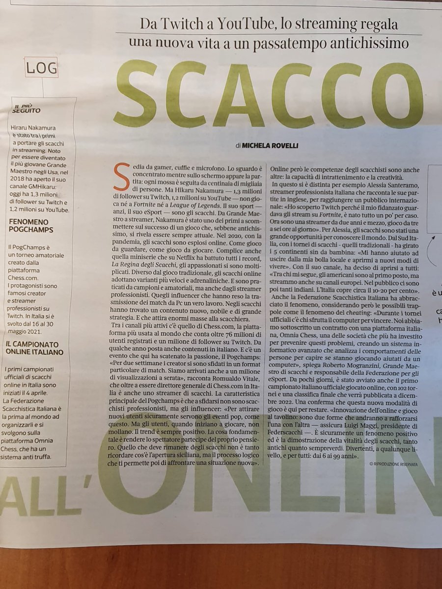 Federazione Scacchistica Italiana (@federscacchi) on Twitter photo La svolta "digitale" degli #scacchi è il tema di un articolo di <a href="/CorriereLOGIN/">Corriere LOGIN</a>, mensile del <a href="/Corriere/">Corriere della Sera</a> dedicato alla tecnologia. Con interventi di <a href="/AlessiaSantera1/">Alessia Santeramo</a> , <a href="/GM_Mogranzini/">Roberto Mogranzini</a> e del Presidente della <a href="/federscacchi/">Federazione Scacchistica Italiana</a> Luigi Maggi. Ecco il pezzo La svolta "digitale" degli #scacchi è il tema di un articolo di <a href="/CorriereLOGIN/">Corriere LOGIN</a>, mensile del <a href="/Corriere/">Corriere della Sera</a> dedicato alla tecnologia. Con interventi di <a href="/AlessiaSantera1/">Alessia Santeramo</a> , <a href="/GM_Mogranzini/">Roberto Mogranzini</a> e del Presidente della <a href="/federscacchi/">Federazione Scacchistica Italiana</a> Luigi Maggi. Ecco il pezzo