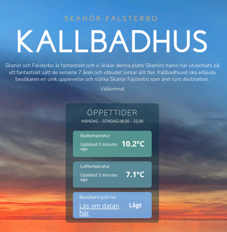 Our sensor solution for Kallbahuset in Skanör Falsterbo got new data widgets for their site. 

kallbadet.com

#DaaS #DataAsAService #LoRaWAN #Helium #ThePeoplesNetwork