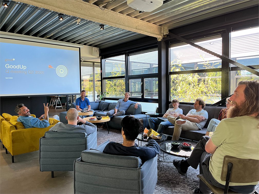 Happy King's Day! 👑🧡 Our team is off today for a well-deserved break and celebrations, but not before closing off Q1 last week together here at GoodUp HQ in Amsterdam and virtually from Spain (the laptop is our dear CSM, Petra 😅). 
#lifeatgoodup #teamupforchange #startup #saas