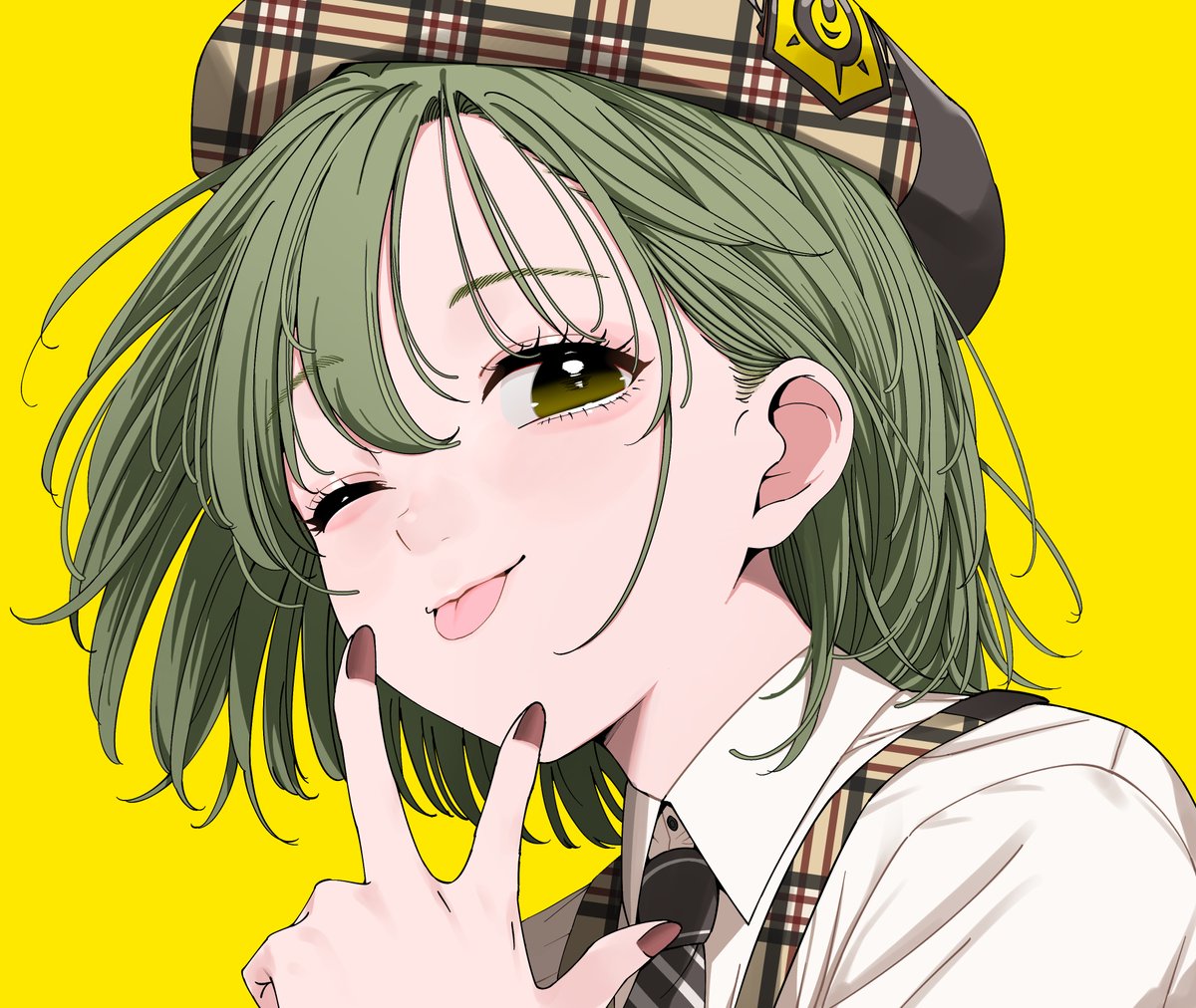 1girl green hair one eye closed solo tongue tongue out yellow background  illustration images