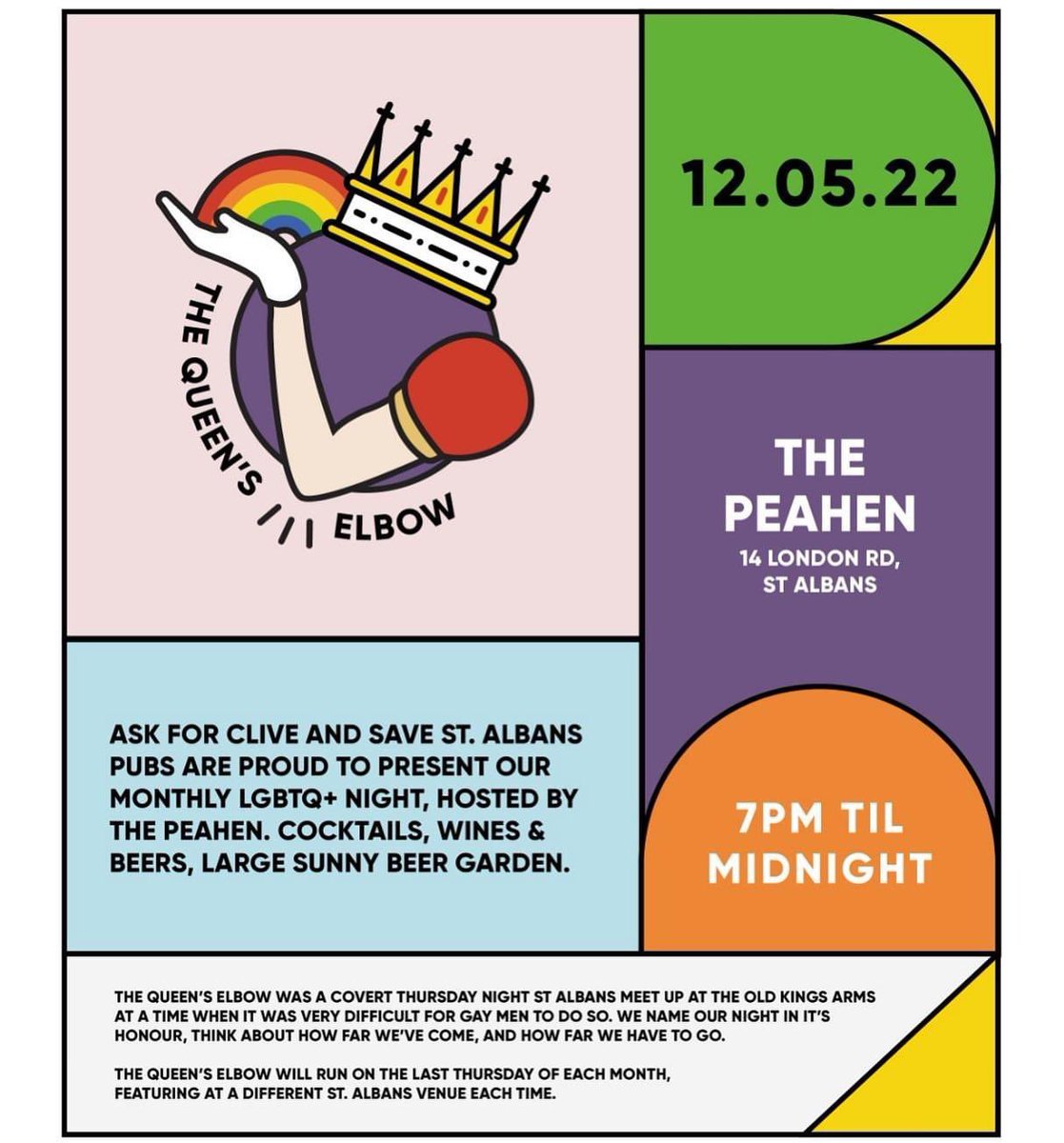**QUEEN’S ELBOW ALERT**

St Albans LGBTQ Monthly Night

We are delighted to announce The Queens Elbow will be at The Peahen Thursday 12th May!
#LGBTQ #drinks #stalbans