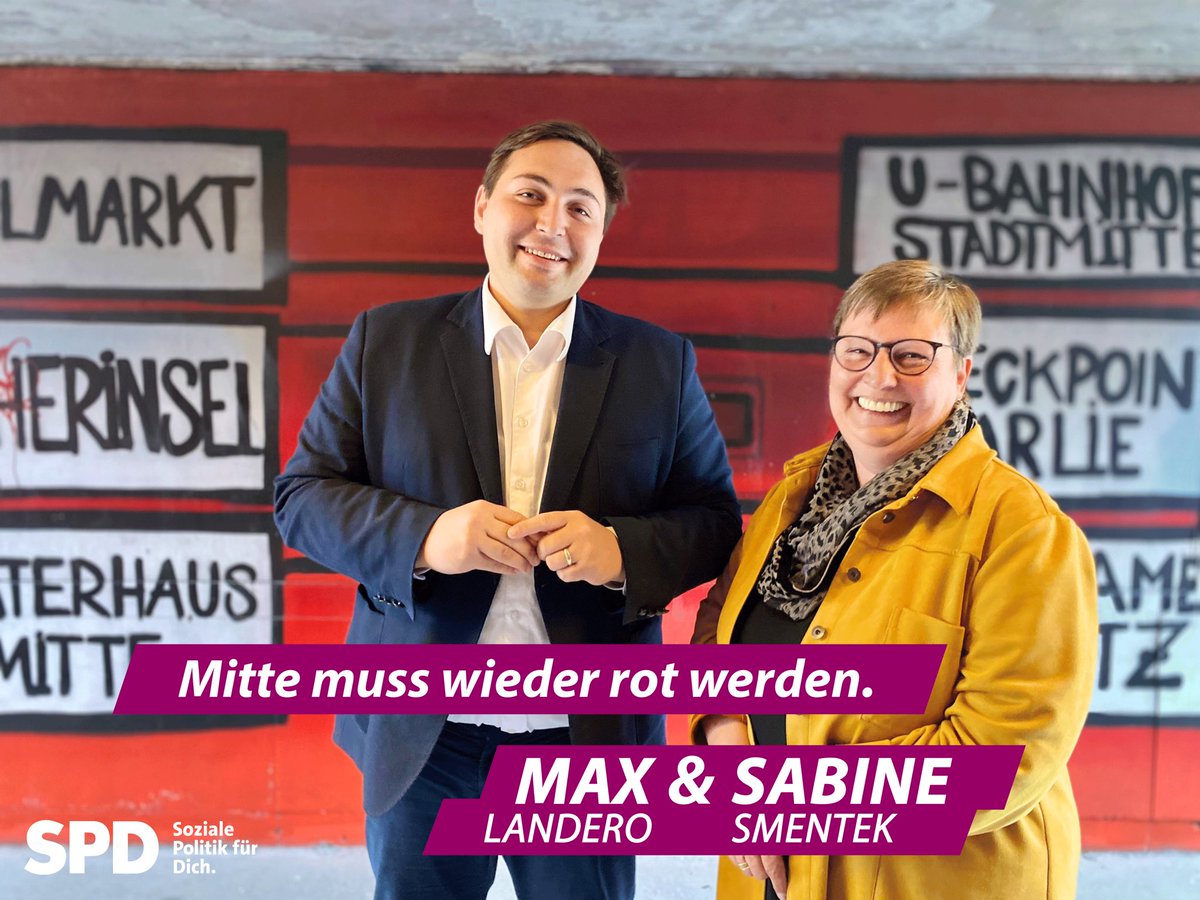 🎈Mitte muss wieder rot werden!

Dafür kandidieren <a href="/SabineSmentek/">SabineSmentek</a> und ich als Vorsitzende der 
<a href="/spdmitte/">SPD Berlin-Mitte</a>. Die SPD Mitte braucht ein Führungsteam bei der Teamarbeit und Vielfalt Programm ist.

Für eine starke SPD in der Mitte Berlins!