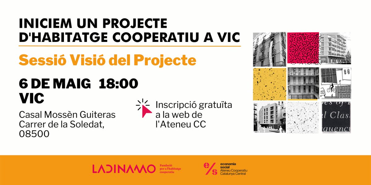 Ep! Tornem a Vic per consolidar el grup impulsor d'#HabitatgeCooperatiu al territori i començar a visionar el projecte

Si estàs interessada a formar-hi part t'esperem:
📅6 de maig
🕧18:00
📍Casal Mossèn Guiteras, Vic

✍Inscripcions a ja.cat/8KxOM