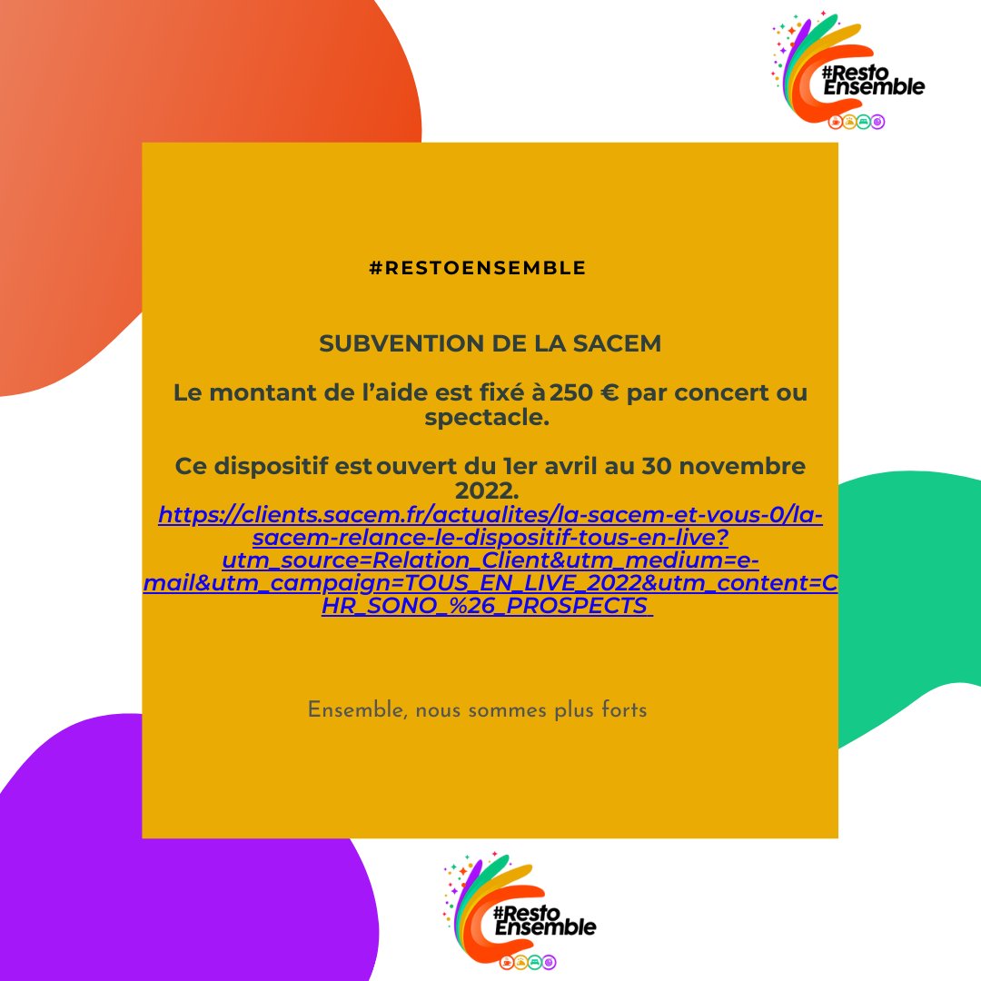 resto_ensemble's tweet photo. Restoensemble vous informe
#restoensemble #subvention #sacem https://t.co/HogluiwDBA
