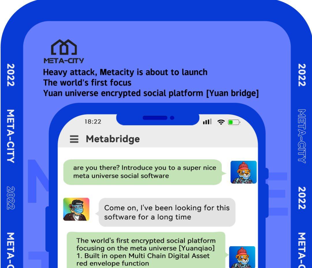 MetaCity_MECT's tweet photo. There are only two days left in the first phase of the whitelist, and the second phase of our urban ecology is advancing. In order to ensure the ecological rigor, we will launch Metabridge soon. Focus on the metaverse encrypted social ecology, please pay attention to the dynamics https://t.co/u2ws9biMKa