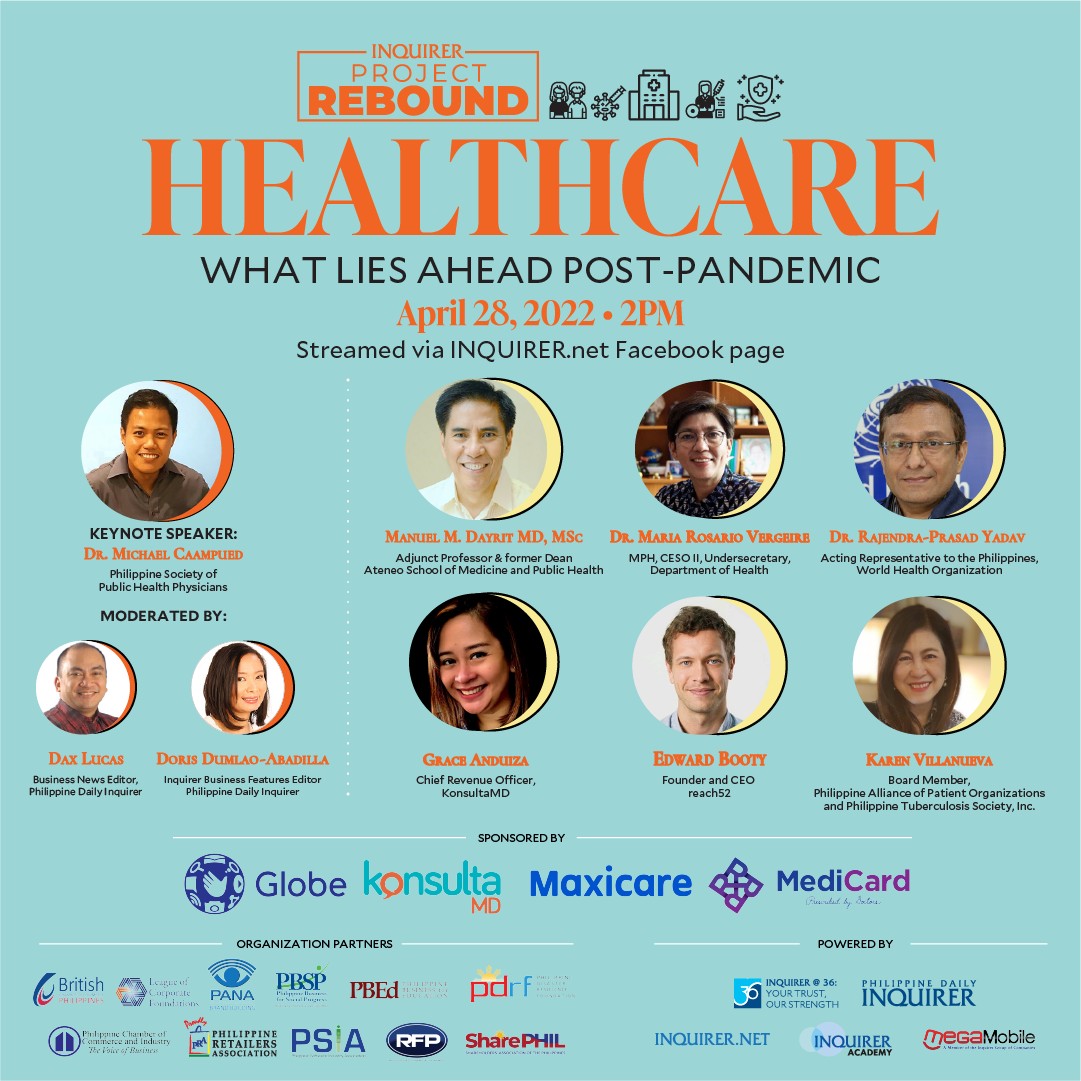 reach52health's tweet photo. Join our CEO Edward Booty for the Inquirer Project Rebound webinar this Thursday, 28 April 2pm, where invited panelists will discuss insights on how the healthcare system in the Philippines will evolve post-pandemic. @inquirerdotnet Catch the live stream: https://t.co/bSd94lkhTy https://t.co/UZzAg4mDwt