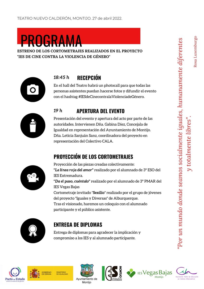 Y aquí el programa de esta tarde, nos ha confirmado su asistencia Sara DuranVazquez Directora del @ijextremadura, no se quiere perder el trabajo realizado por jóvenes de Alburquerque y Montijo!! ¿Te lo vas a perder tú?
#PactoDeEstadoContraLaViolenciaDeGénero