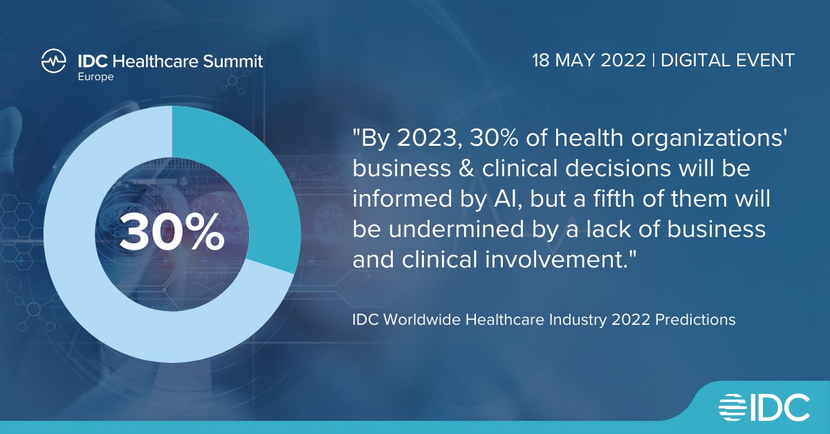 #AI has the potential to transform how #healthcare is delivered. Join us on May 18 for the IDC European Healthcare Digital Summit to learn more about accelerating & consolidating your data driven transformation: idc.com/eu/events/6934… #IDCHES22