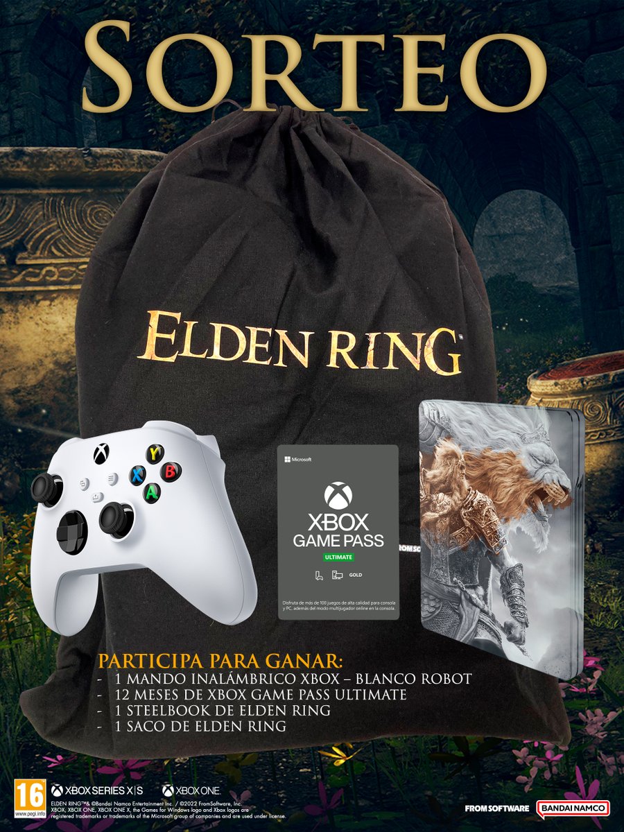 ⚔️SORTEO ELDEN RING⚔️

¡Participa en este sorteo de #EldenRing y #Xbox y consigue todos estos premios!

Requisitos: 
✅ Residir en España
✅ Seguir a <a href="/BandaiNamcoES/">Bandai Namco España</a> y a <a href="/Xbox_Spain/">Xbox España</a> 
✅ ❤ + 🔁 + mencionar a un amigo con el hashtag #EldenRingXbox