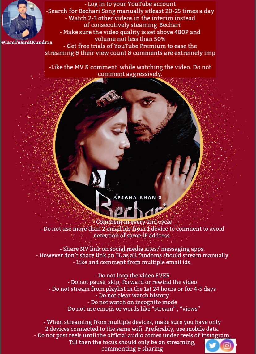 IamTeamKKundrra's tweet photo. ⚠️STREAMING GUIDELINES⚠️ 
#Bechari is out now &amp; it is mindblowing folks. Let’s stream full power &amp; make this a blockbuster hit. 

Here’s the streaming guidelines for #Bechari. Read it &amp; follow. #KaranKundrra #KKundrraSquad 
BECHARI SONG OUT NOW 
YT link👇

https://t.co/PlV3b9vZj2 https://t.co/QoodRSQk7e