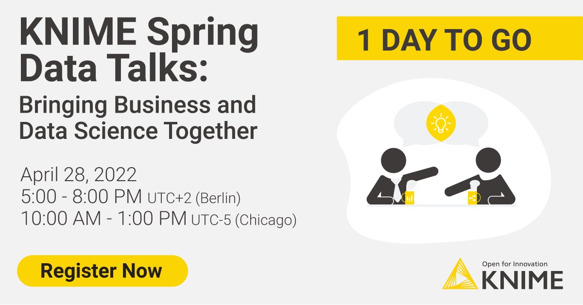 knime's tweet photo. Just one day to go! Sign up for KNIME Spring Data Talks to hear how leaders across industries are using @KNIME. Featuring speakers from @ZF_Group, @exsynaviation, and @CanadianTire. Learn more at https://t.co/vGFYYwygVQ
#knimedatatalks #datascience #lowcode #nocode https://t.co/25sGtgGnCV