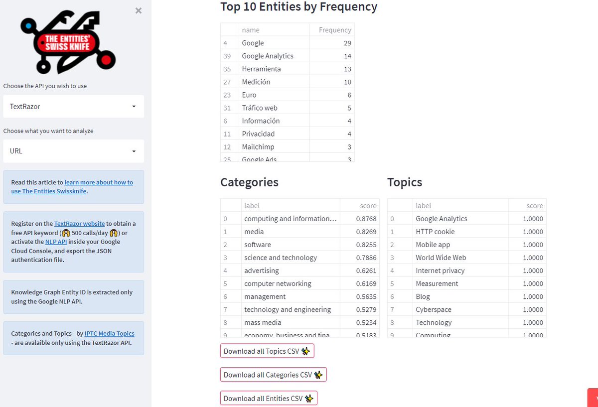 La "navaja suiza de las entidades": otra herramienta gratuita para extraer y descargar entidades, topics y categorías de una URL o texto:

share.streamlit.io/maxgseo/the-en… 

Via <a href="/max_geraci/">vinsonkeefe.ethᅠᅠᅠᅠᅠᅠᅠᅠᅠᅠᅠᅠᅠᅠᅠᅠᅠᅠᅠᅠᅠᅠᅠᅠᅠᅠᅠᅠᅠᅠᅠᅠᅠᅠᅠ</a> 👌  #SEO