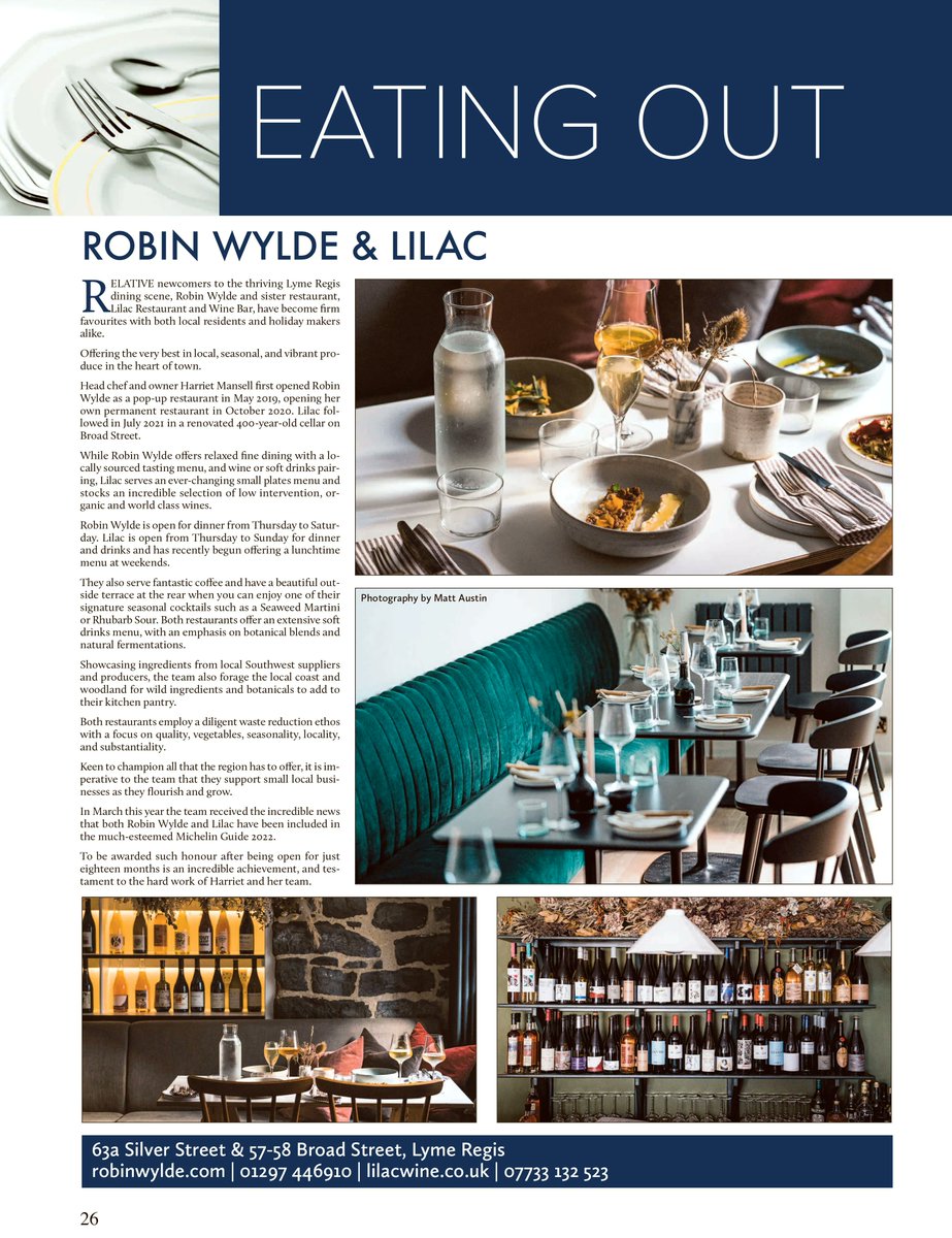 LymeLifeMag's tweet photo. We’re so lucky to have so many great restaurants here in Lyme Regis – Robin Wylde and Lilac have both recently been added to the Michelin Guide! 

They both feature in the Lyme Life Magazine! Pick up your free copy or read online at https://t.co/1Fz5MRoHiB https://t.co/LVKEYHA80R