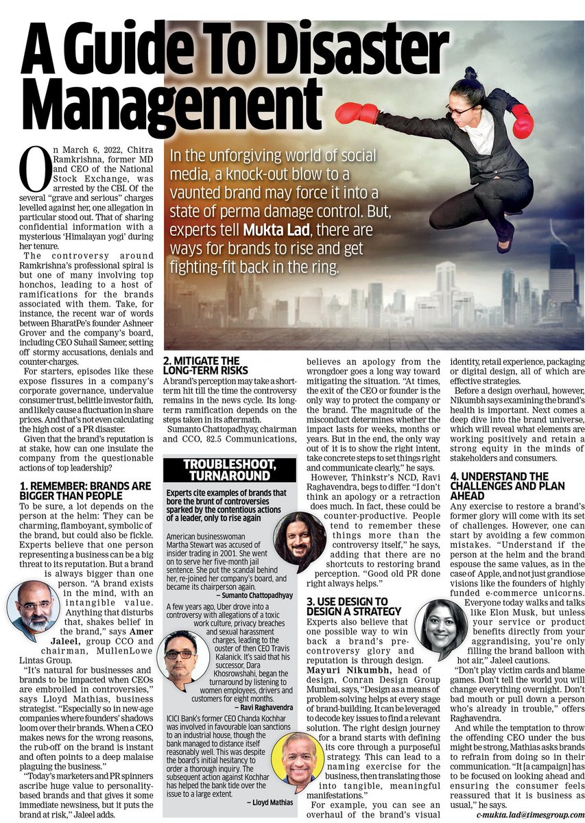 LloydMathias's tweet photo. What can brands do when their CEOs/Founders get into a controversy that inevitably impacts the brand. Think: Rana Kapoor-Yes Bank; Chanda Kochhar-ICICI; Ashneer Grover-BharatPe. 
Mukta Lad writes about this issue in today’s ET Brand Equity with POVs from yours truly among others. https://t.co/bpox6IV9EW