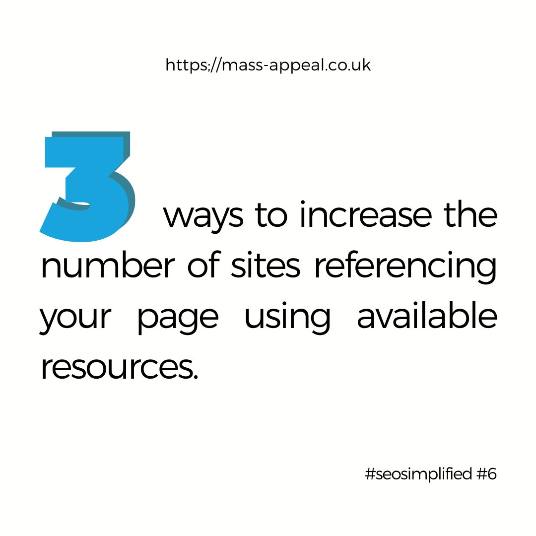 MassAppealUK's tweet photo. #seosimplified #6

3 ways help increase the number of sites referencing your page using available resources to improve your ranking on Google Search.

It’s simple to do these, isn’t it? Why not start your SEO today? https://t.co/uw5M5q7JGA