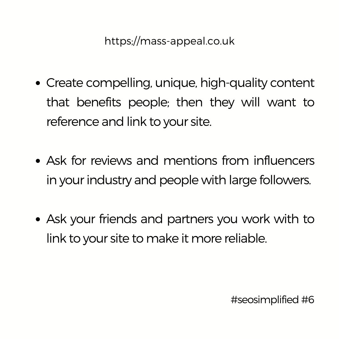 #seosimplified #6

3 ways help increase the number of sites referencing your page using available resources to improve your ranking on Google Search.

It’s simple to do these, isn’t it? Why not start your SEO today?