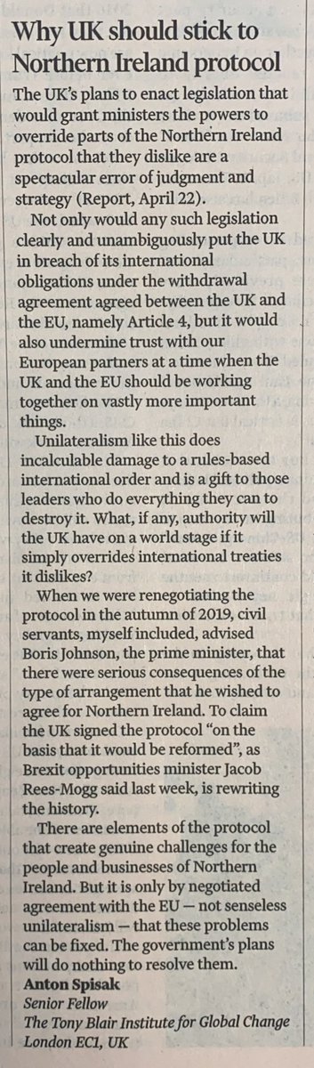 My letter in the FT today:

The UK’s plans to enact legislation that would grant ministers the powers to override parts of the Northern Ireland protocol that they dislike are a spectacular error of judgment and strategy.