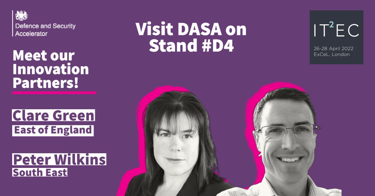 DASAccelerator's tweet image. We are back at #IT2EC2022 for day 2! 

#DASA Innovation Partners, Peter Wilkins and Clare Green are at stand D4 on the DisTec show-floor. 

Come and learn how DASA can help you with funding and business support.

@ITEC_Event
