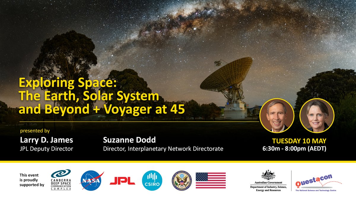 questacon's tweet image. Join us on 10 May for a voyage across the solar system and beyond with NASA experts Larry D. James and Suzanne Dodd. 🛰️🚀🌑🌌🪐

This event is organised by @CanberraDSN. Book your FREE tickets ➡️ bit.ly/ExploringSpace 🎫

Mars, Jupiter and interstellar space awaits!