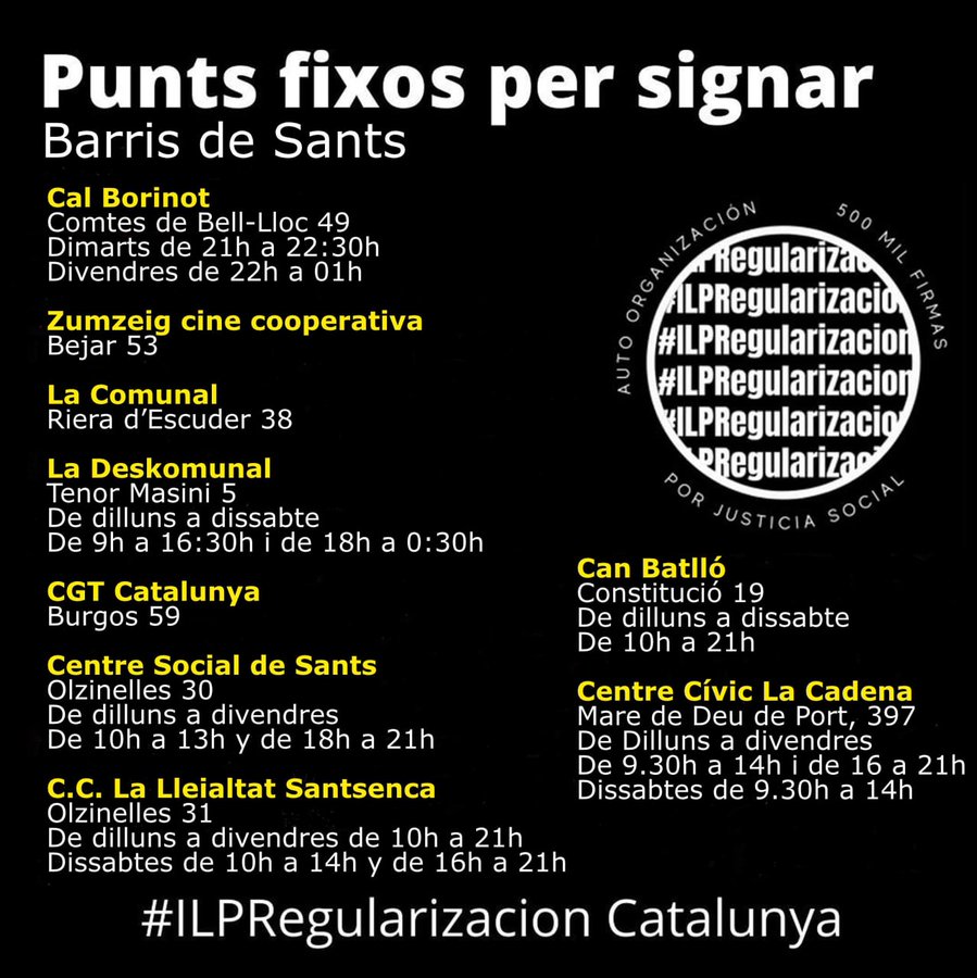 SantsCoop's tweet image. Necessitem 500.000 signatures per la regularització de les nostres veïnes, amigues, familiars i companyes de militància! 
A Sants, el teixit associatiu, cooperatiu, veïnal, sindical i comunitari dona suport a la iniciativa autoorganitzada migrant i antirracista @RegularizacionY!