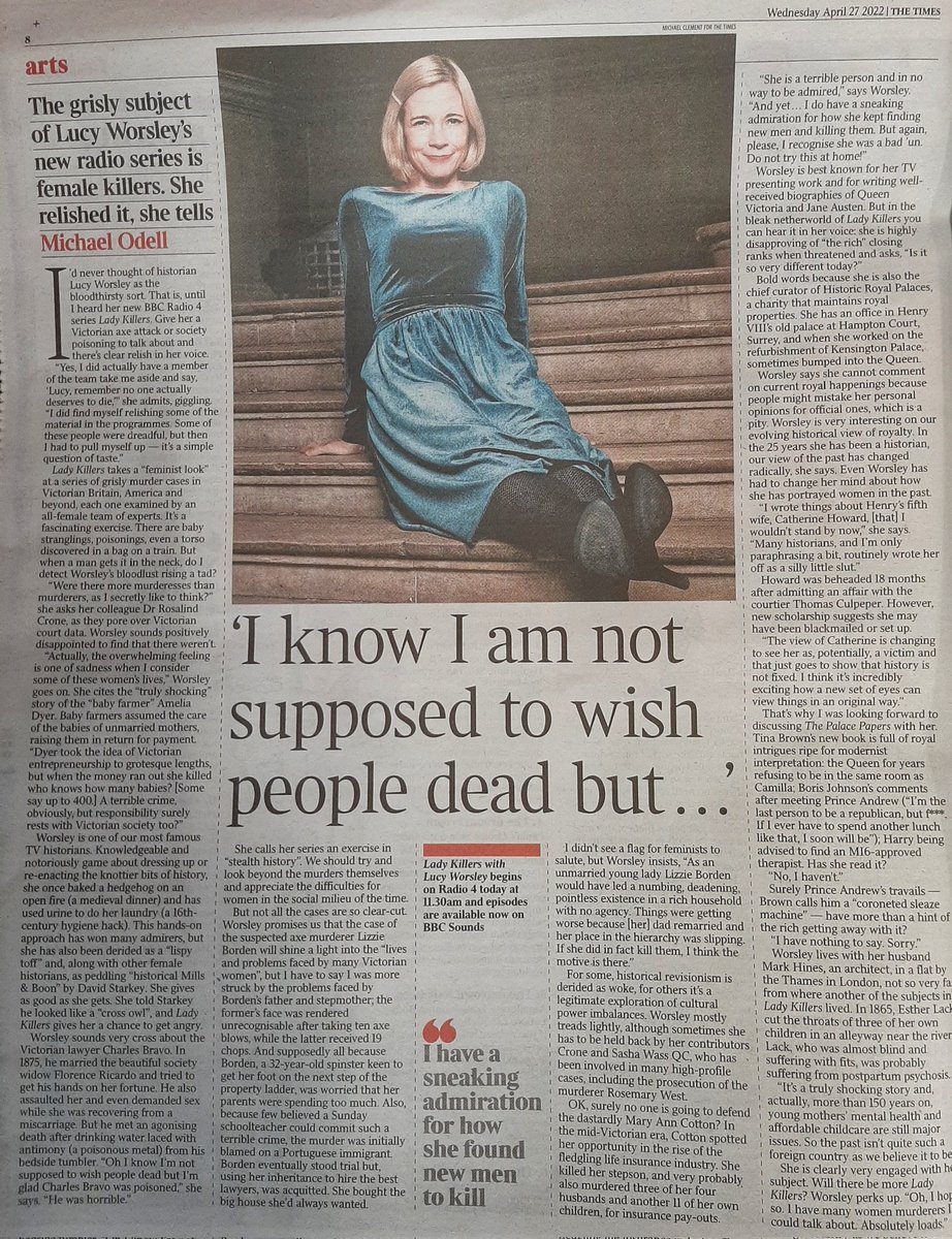 Lucy_Worsley's tweet photo. A lady came up to me on the train &amp; said 'ooh, I do like it when you do murders. Will you do some more please soon?' 
Today's the day, dear lady: LADY KILLERS will start on @BBCRadio4 at 11.30 this morning. Preview of what to expect courtesy of @thetimes 
https://t.co/mAnfl1C1eo https://t.co/YHCEYL1KC6
