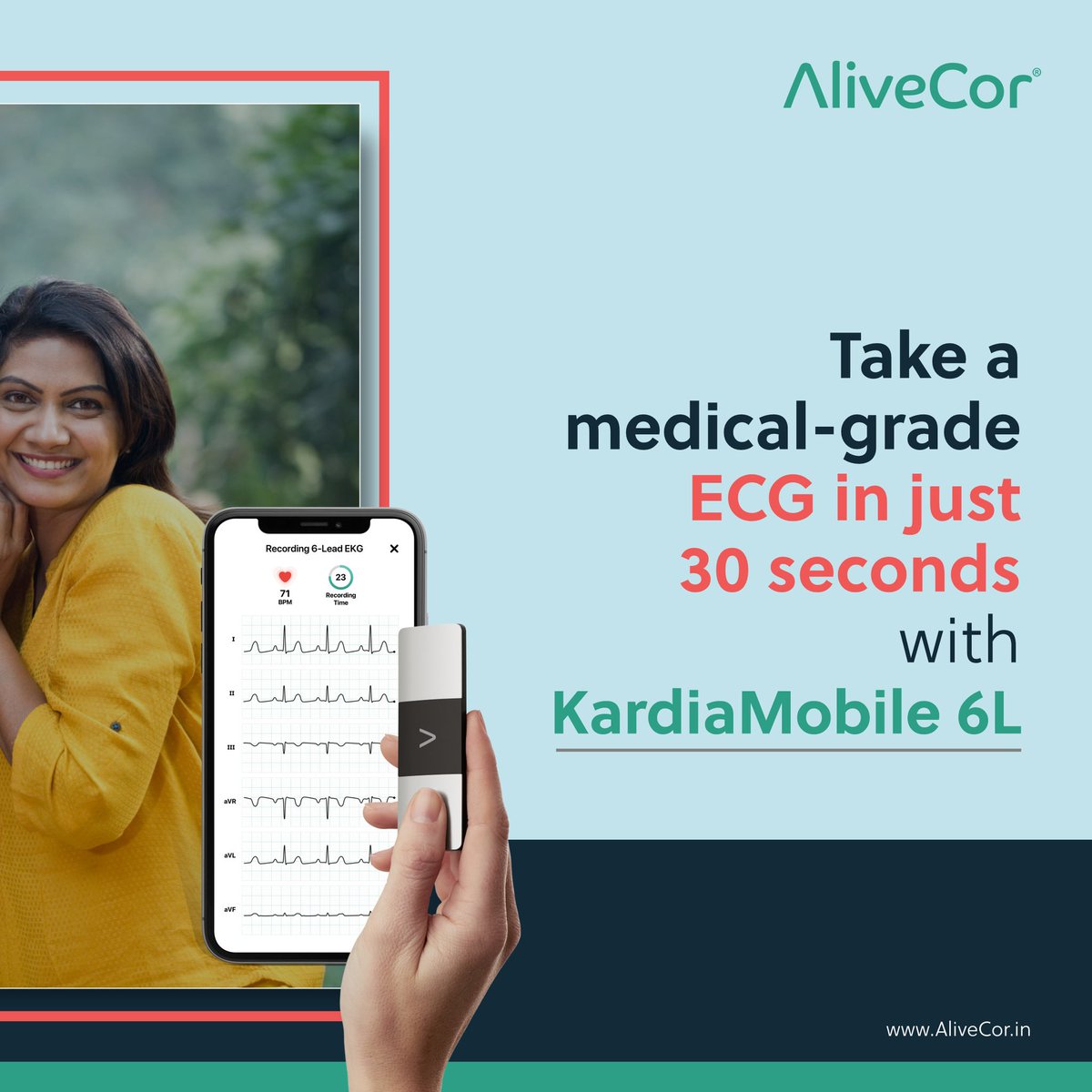 AlivecorIndia's tweet photo. Listen to good advice and monitor your heart health. KardiaMobile 6L lets you record an ECG in just 30 seconds, detects arrhythmias in real-time. 

#healthyheart❤️ #healthyhearthealthymind #healthyhearttips #ecgchallenge #AliveCorIndia #KardiaMobile6L #6lissufficient #Wednesday https://t.co/yPwuAYJDVr