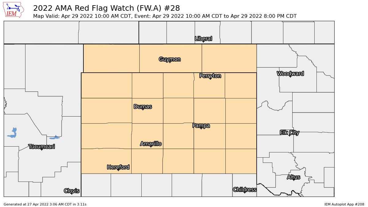 AMA issues Fire Weather Watch valid at Apr 29, 10:00 AM CDT for Cimarron [OK] and Dallam, Deaf Smith, Hartley, Moore, Oldham, Palo Duro Canyon, Potter, Randall, Sherman [TX] till Apr 29, 8:00 PM CDT https://t.co/FljTi5AOjh https://t.co/FDWokqM0ky