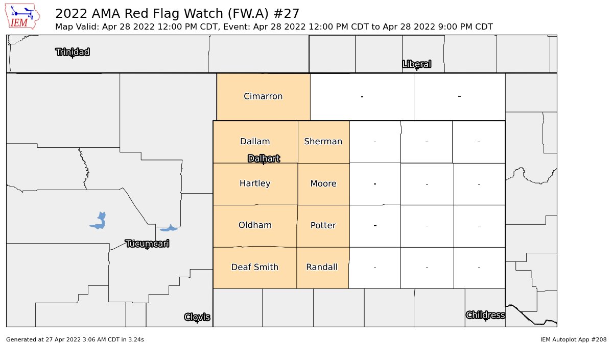AMA issues Fire Weather Watch valid at Apr 28, 12:00 PM CDT for Cimarron [OK] and Dallam, Deaf Smith, Hartley, Moore, Oldham, Palo Duro Canyon, Potter, Randall, Sherman [TX] till Apr 28, 9:00 PM CDT https://t.co/FUxo3cF5Zx https://t.co/sl7ZgkRQ0S