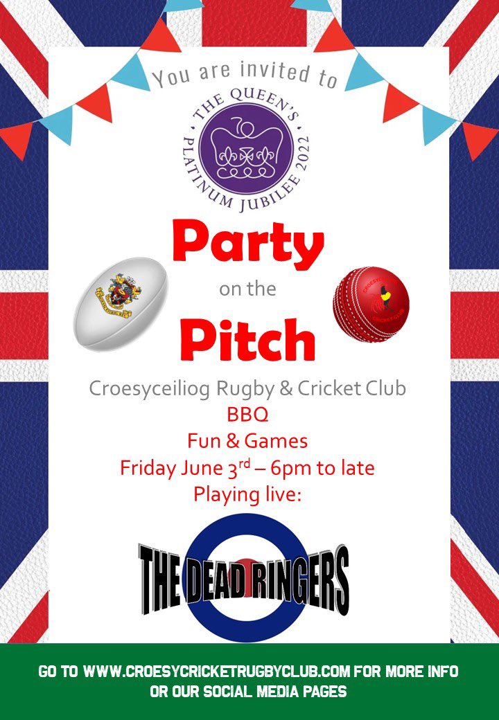 To celebrate the Queen’s unprecedented anniversary, <a href="/CricketRugby/">Croesyceiliog Cricket and Rugby Club</a> are hosting a Big Jubilee Weekend. On the June 3rd, the Party on the Pitch event will take place from 6pm, with The Dead Ringers playing live. 🐓🏉🏏🇧🇪🏏🏉🐓

#ATATT #jointheflock #cockerels #croesyfamily