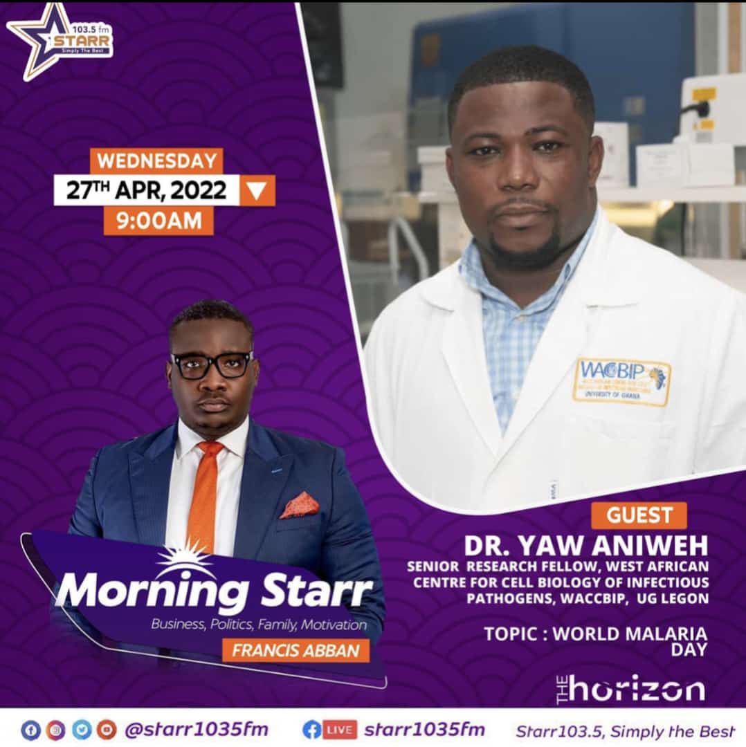 mgcbg_cbil's tweet photo. Still on #WorldMalariaDay2022 , our PI @AniwehYaw will be speaking on radio @Starr1035Fm at 9:00 am GMT. Stay tuned. https://t.co/AQJ4tk3irE